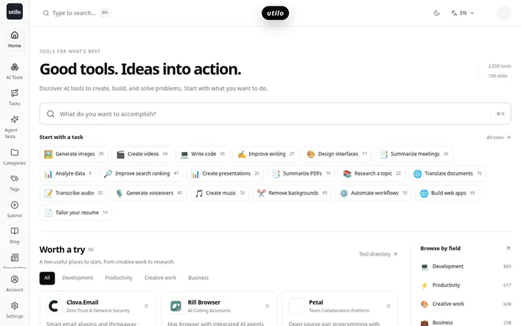 Screenshot of the utilo homepage