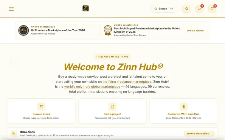 Screenshot of the Zinn Hub homepage
