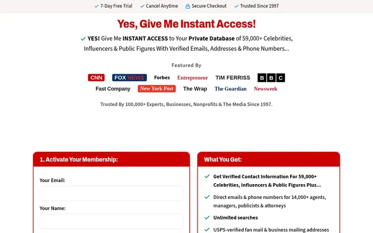 Screenshot of the Contact Any Celebrity homepage