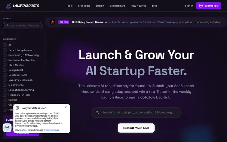 Screenshot of the LaunchBoosts homepage